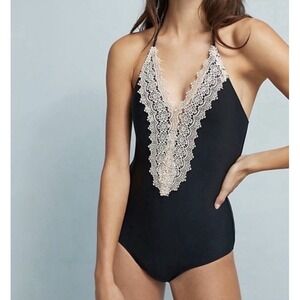 Anthropologie Allihop L Swimsuit One Piece Lace Trim Halter Cottagecore Black